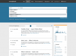 Das Bild zeigt einen Screenshot von correspSearch.net. Ein Suchergebnis mitsamt Filtern ist zu sehen. Außerdem wird oben im Suchschlitz gerade "Musik" eingegeben, es erscheinen verschiedene Berufe die "Musik" beinhalten zur Ausahl