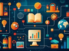 Netzwerk mit Büchern, Computermonitor, Kugeln, Glühbirnen und anderen Symbolen, die auf Wissenschaft referieren