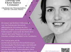 Plakat des Vortrags von Elena Suárez Cronauer „Frauen im frühromantischen Briefnetzwerk”. Der Vortrag findet am 3. Juli von 10 bis 12 Uhr (c.t.) im Raum A 11 der Uni Trier und via Zoom statt. Die Jenaer (und Berliner) Frühromantik gilt als die herausragende intellektuelle Revolution junger deutscher Autor*innen und Gelehrter an der Epochenschwelle um 1800. Innerhalb ihres Briefnetzwerks, das im DFG-Projekt „Korrespondenzen der Frühromantik” modelliert wird, finden sich zahlreiche Briefe dieser romantischen Autorinnen und Akteurinnen, z.B. von Dorothea Schlegel, Caroline Schlegel(-Schelling), Sophie Tieck-Bernhardi oder Rahel Levin Varnhagen. Allerdings stellen sich bei der quantitativen Untersuchung von Frauen im Netzwerk einige geschlechtsspezifische Herausforderungen wie lückenhafte Überlieferung der Briefe oder fehlende Informationen über Frauen in Normdatensystemen, um nur einige zu nennen. Wie können also solche marginalisierten Gruppen mit Methoden der historischen Netzwerkanalyse untersucht werden, ohne dass biases in den (bereits edierten) Quellen, die sich in den Daten widerspiegeln, unreflektiert wiederholt und somit weitergetragen werden? Welche Potentiale hat wiederum die quantitative Betrachtung solcher Gruppen im Gegensatz zu einem rein qualitativen Vorgehen? Im Vortrag sollen diese Ansätze zur Untersuchung sowie Ideen zum Umgang mit den genannten Herausforderungen vorgestellt und diskutiert werden. Kontakt: Dr. Claudia Bamberg und Prof. Dr. Claudine Moulin