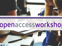 Bild zum Workshp mit dem Schriftzug "open access workshop" und im Hintergrund zwei Personen, die an einem Schreibtisch miteinander arbeiten.